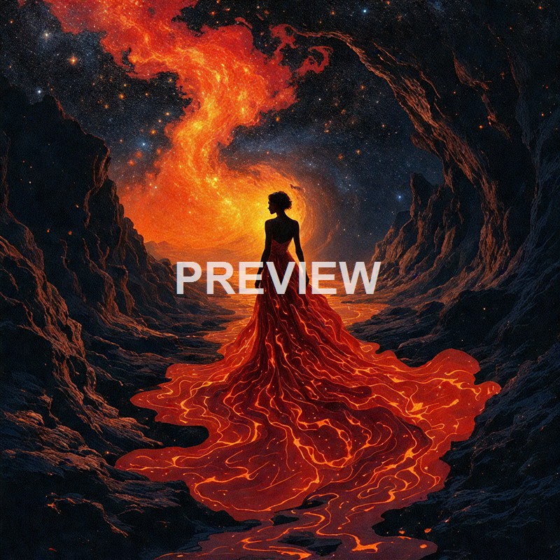 A silhouette of a woman in a flowing red dress standing in a surreal landscape with molten lava-like streams on the ground, a fiery nebula swirling in the sky behind her, and jagged dark mountains framing the scene.